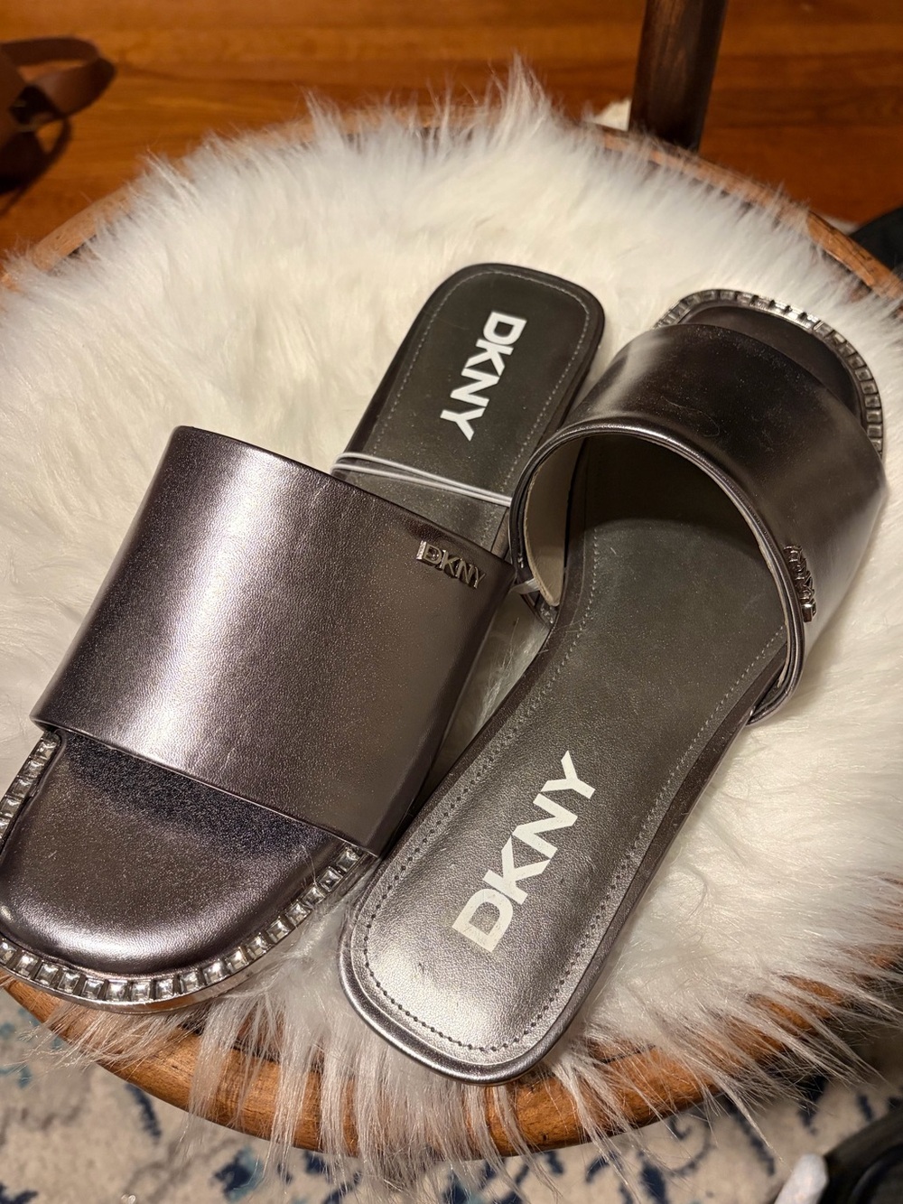 New DKNY Metallic Silver Slide Sandals - Jewel Trim Flat Mules